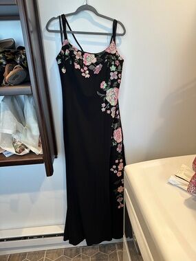 Fashion Nova Black Maxi Dress with Pink Floral Embroidery